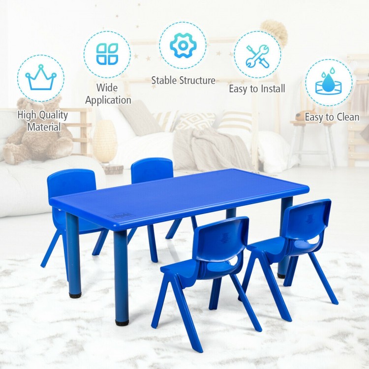 Kids plastic rectangular learn and play table in blue with four chairs, perfect for daycares and home use.