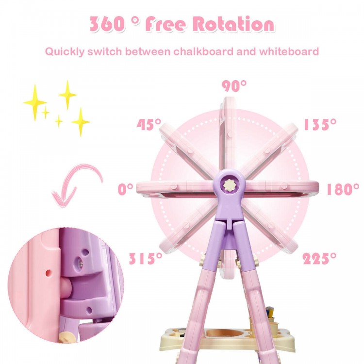 Height adjustable pink kids art easel with 360° rotation, double-sided magnetic board, and spacious storage tray for.