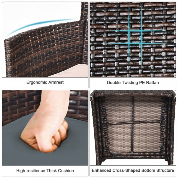 Close-up of ergonomic armrest and high-resilience thick cushion of the gray outdoor wicker rattan chair set.