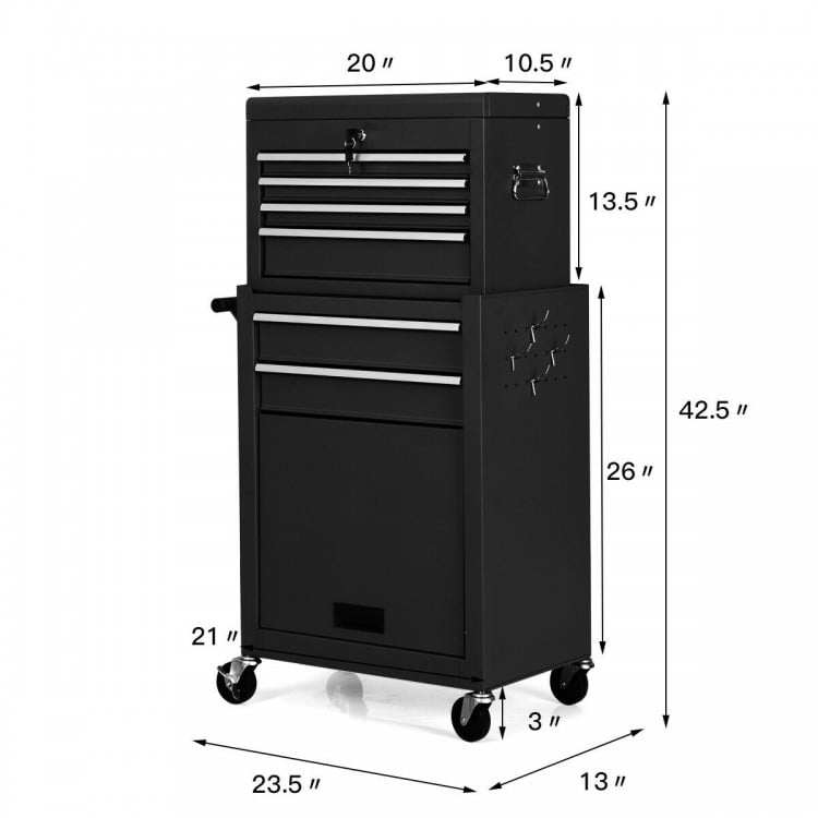Rolling cabinet storage chest toolbox in black, featuring multiple drawers, lockable design, and durable steel.