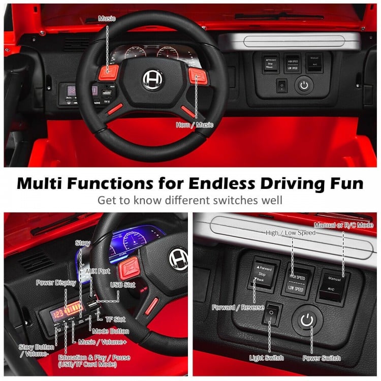 Close-up of the control panel for the 12V 2-seater ride-on car, featuring music, speed controls, and LED lights.