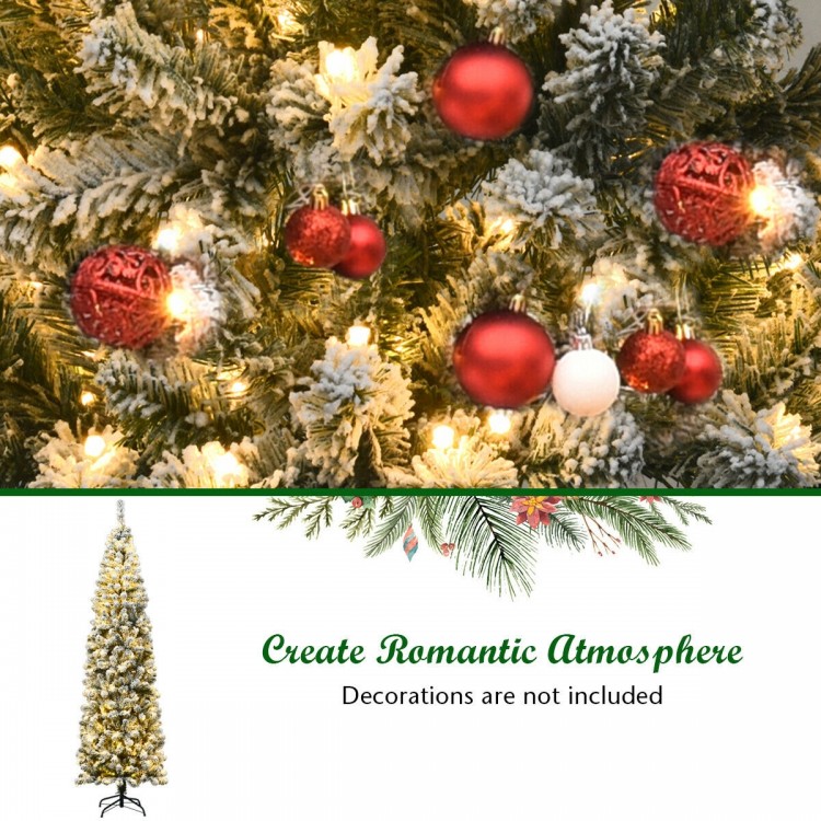 Snow flocked leaves and warm LED lights on a 7.5 feet pre-lit pencil Christmas tree, perfect for limited spaces.