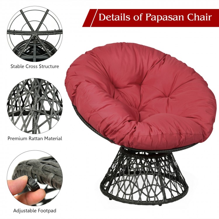 Rattan Papasan chair with dark red cushion, featuring a sturdy steel frame and adjustable footpad for comfort.