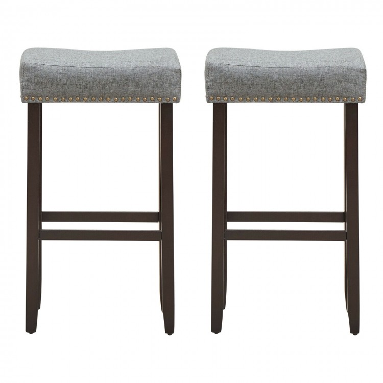 Set of 2 gray nailhead saddle bar stools with solid rubberwood legs, 29-inch height, perfect for home or bar use.