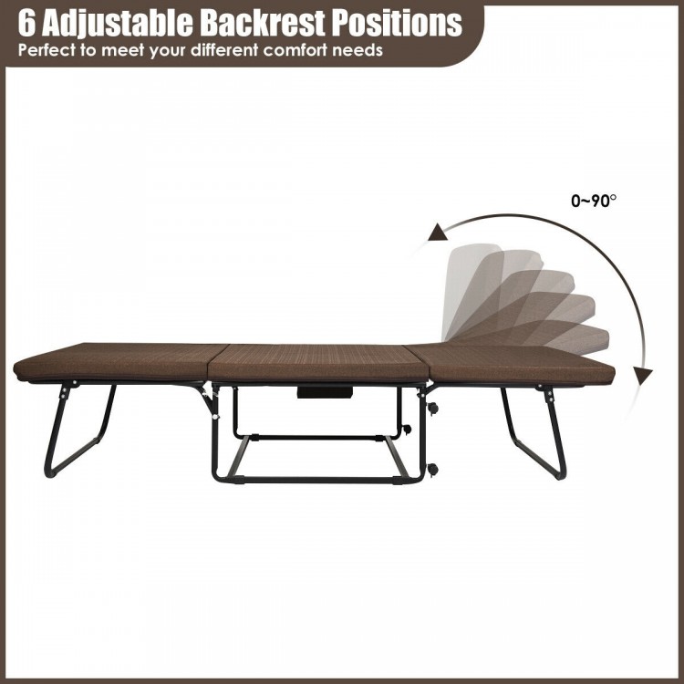 Folding guest sleeper bed in brown with 6 adjustable backrest positions, ideal for home, office, or camping use.