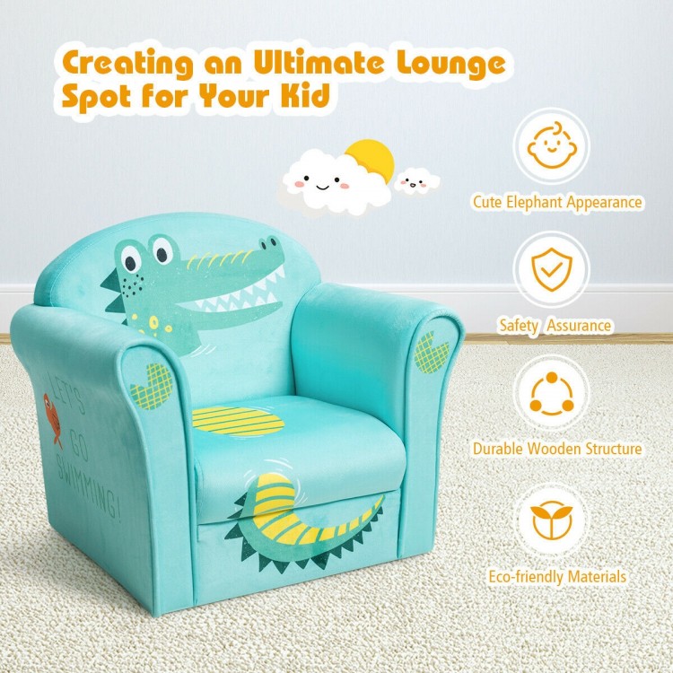 Kids crocodile armrest upholstered couch with ergonomic design, soft velvet fabric, and sturdy wooden frame for safety.