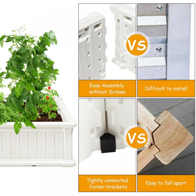 Raised garden bed planter in white, made of HDPE, easy assembly with corner brackets, ideal for flowers and vegetables.