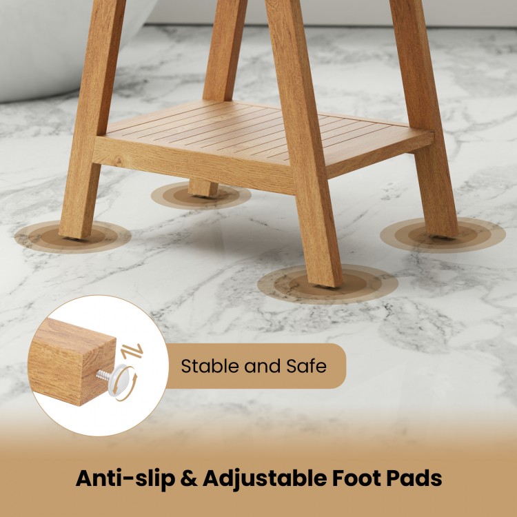 Teak wood shower bench with adjustable foot pads, slatted design for water drainage, ideal for shower supplies and.