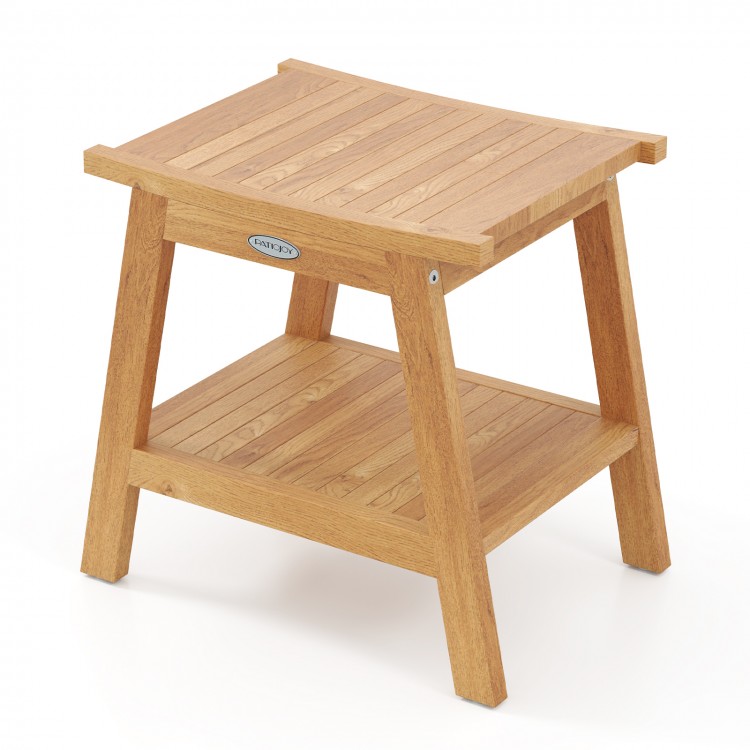 Teak wood shower bench with slatted design, storage shelf, and adjustable foot pads for stability and comfort.