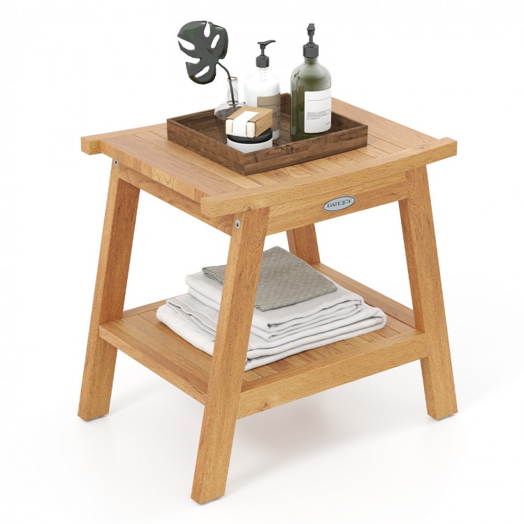Teak wood shower bench with storage shelf, curved seat design, and adjustable foot pads for stability and comfort.