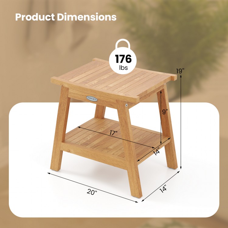 Teak wood shower bench with storage shelf, slatted design, and adjustable foot pads for stability and comfort.