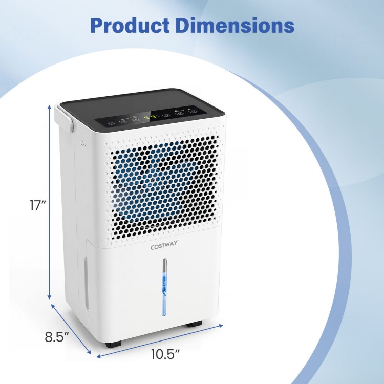 Dimensions of the COSTWAY 2000 Sq.Ft 32 Pint Dehumidifier, measuring 17" x 10.5" x 8.5", ideal for home use.