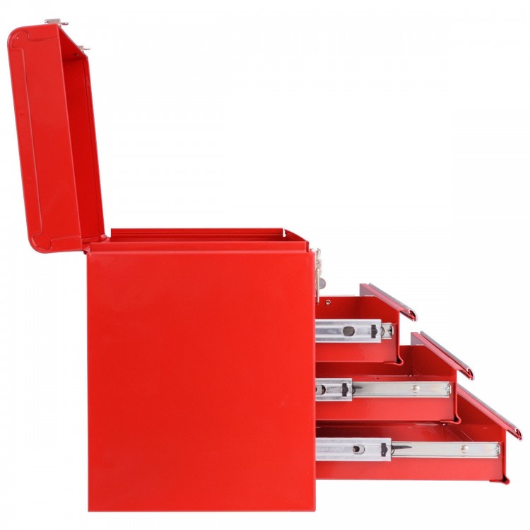 Portable red garage mechanic tool cabinet box with three drawers and top tray for easy tool access and transportation.