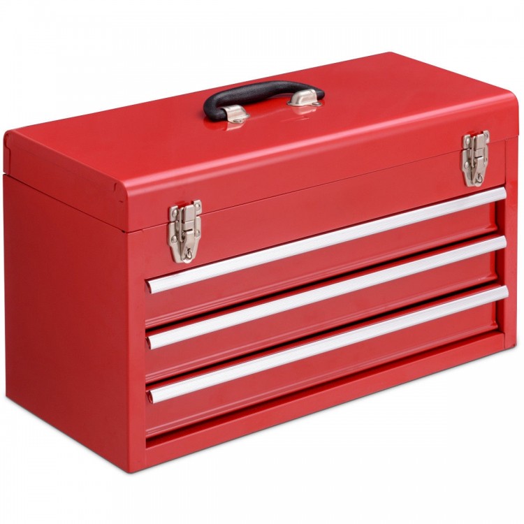 Portable red mechanic tool cabinet box with three drawers and a top tray for easy tool organization and transport.