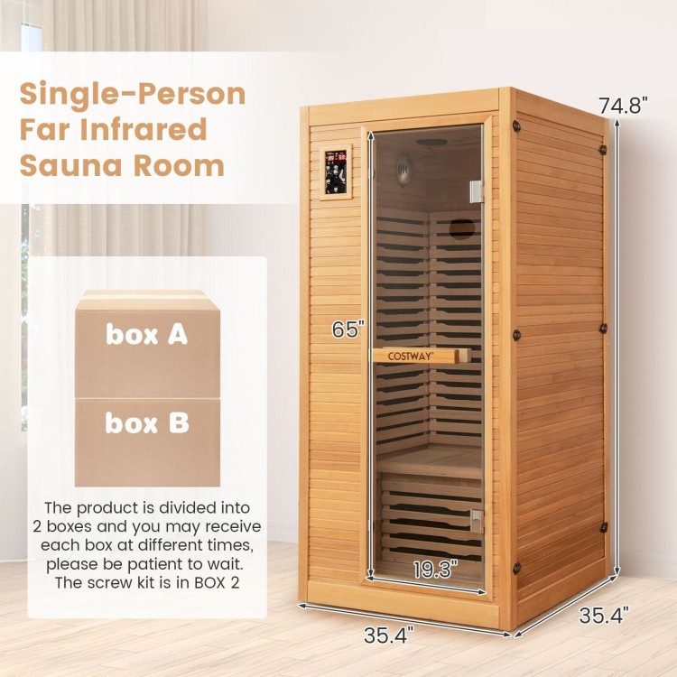 Single-person far infrared sauna made of Canadian hemlock with a tempered glass door, ideal for home relaxation.