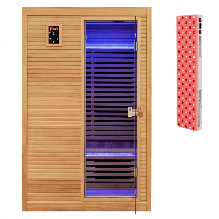 Far infrared wooden sauna room for 2 with a tempered glass door and free red light therapy panel for home use.