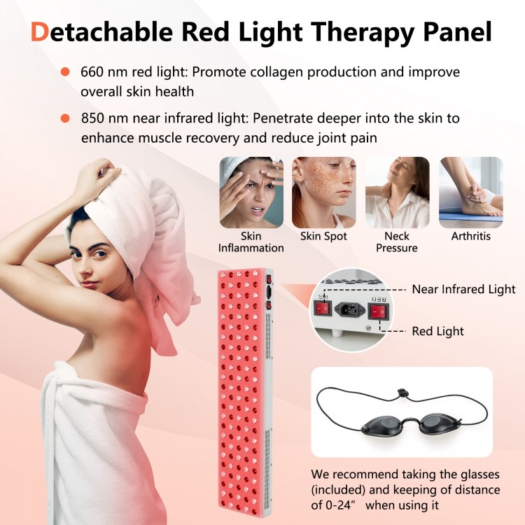 Detachable red light therapy panel with 660nm and 850nm lights for skin inflammation and muscle recovery.