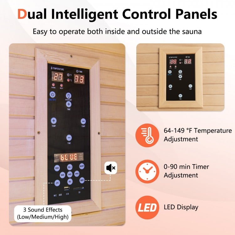 Dual control panels for the 2-person far infrared sauna, featuring temperature and timer adjustments for convenient use.