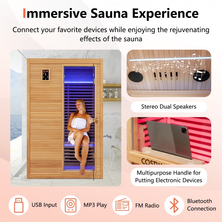 2-person far infrared sauna room featuring a premium Canadian hemlock design, Bluetooth speakers, and red light therapy.