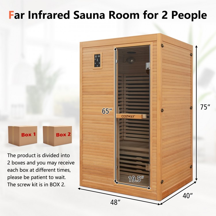 2-person far infrared sauna room with tempered glass door, Canadian hemlock wood, and free red light therapy panel.