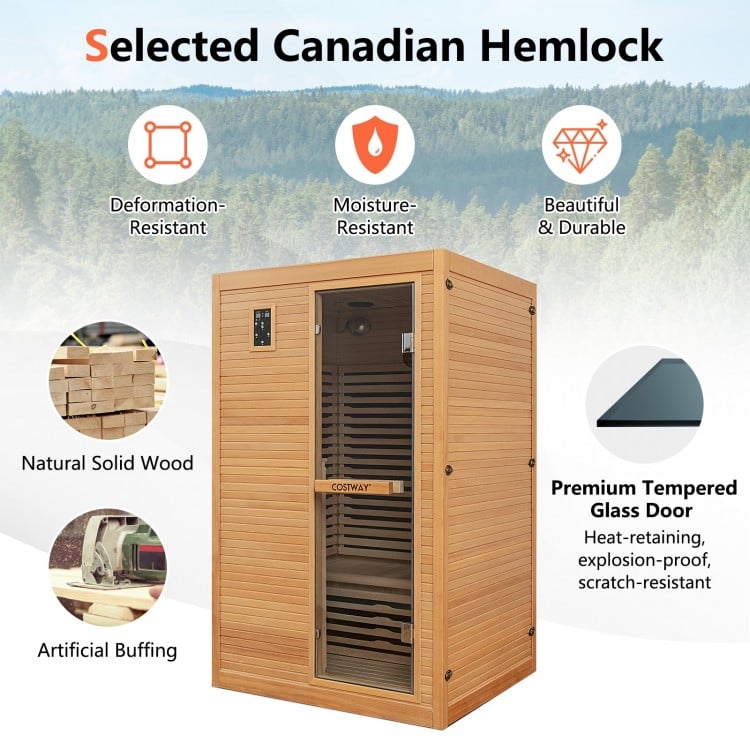 2-person far infrared sauna room made of Canadian hemlock, featuring a tempered glass door and free red light therapy.