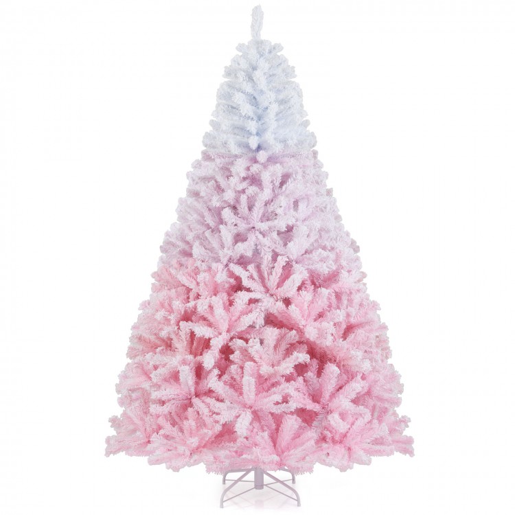7FT artificial Christmas tree with a gradient design in pink and white, featuring 456 flocked branch tips and a metal.