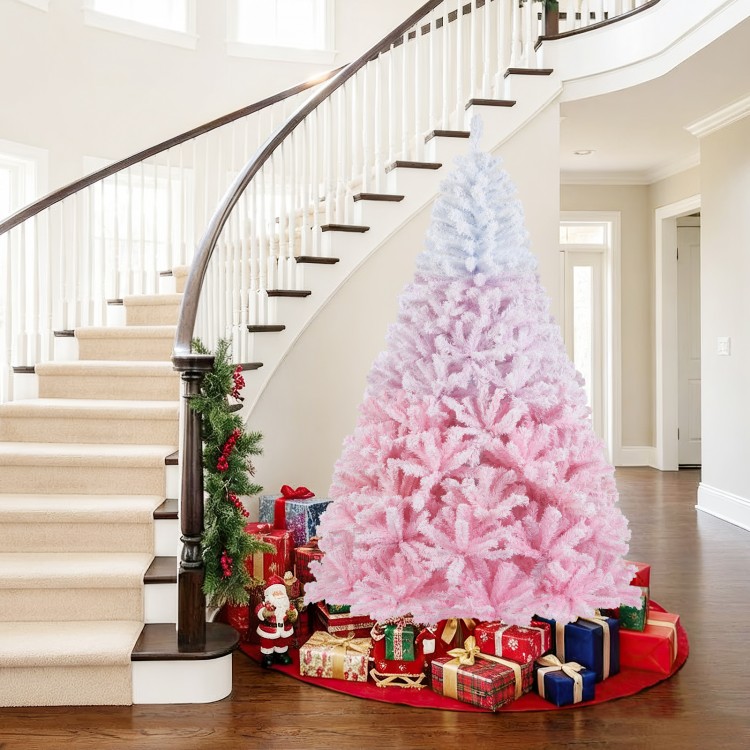 7FT gradient artificial Christmas tree with 456 flocked branch tips, set up in a festive home entryway with gifts.