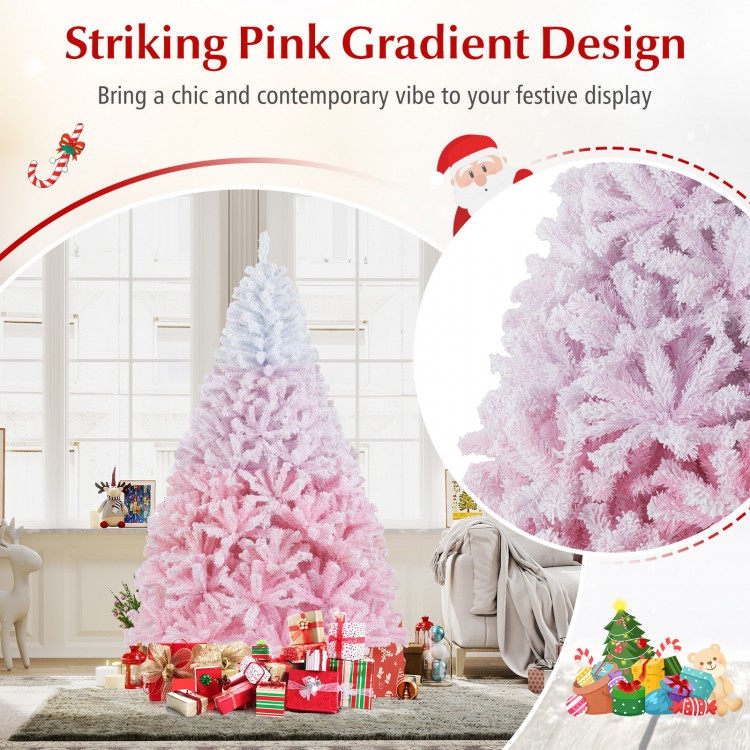 7FT artificial Christmas tree with pink gradient design and 456 flocked branch tips, perfect for festive displays.