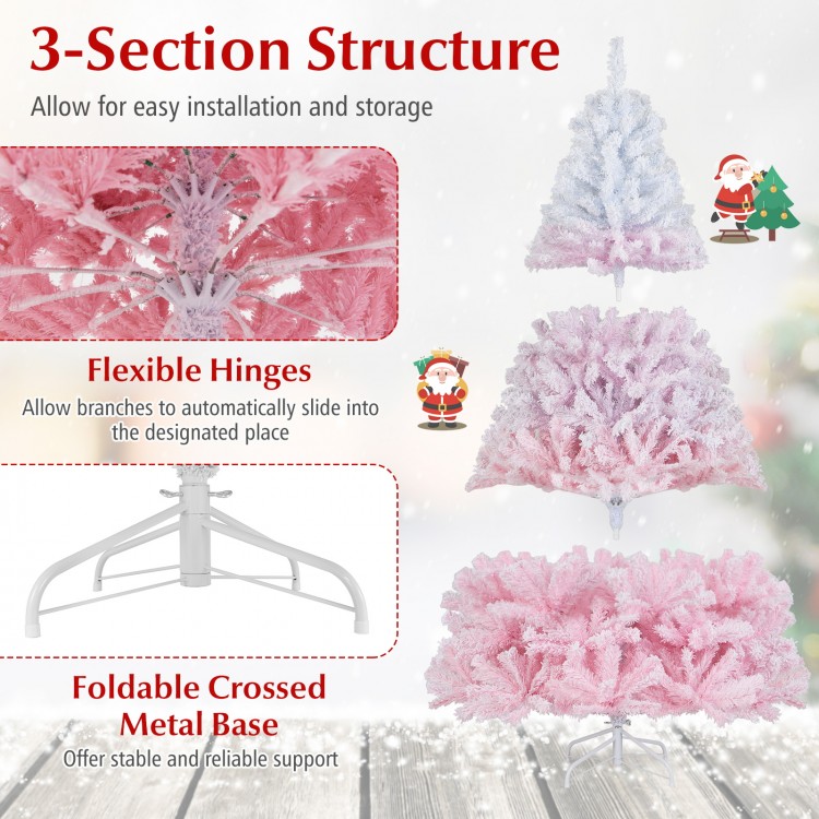 7FT artificial Christmas tree with 456 flocked branch tips, flexible hinges, and a folding metal stand for easy setup.