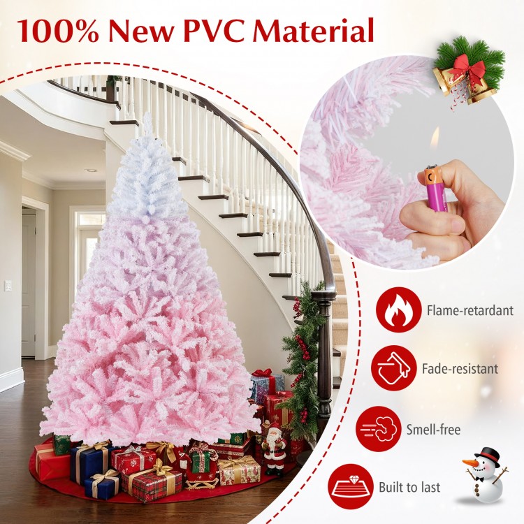 7FT artificial Christmas tree with gradient design, 456 flocked branch tips, and a sturdy folding metal stand for easy.