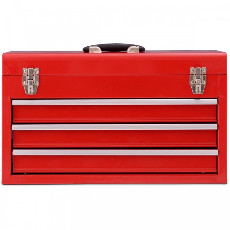 Portable red garage mechanic tool cabinet box featuring three drawers and a top tray for easy tool organization.