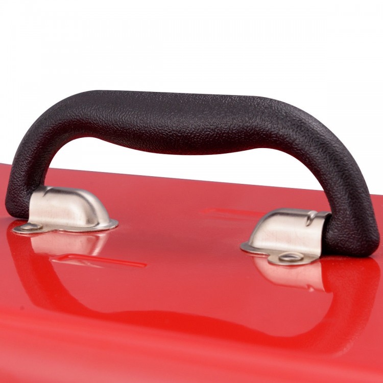 Close-up of the black grip handle on the red Portable Garage Mechanic Tool Cabinet Box with 3 drawers for easy.