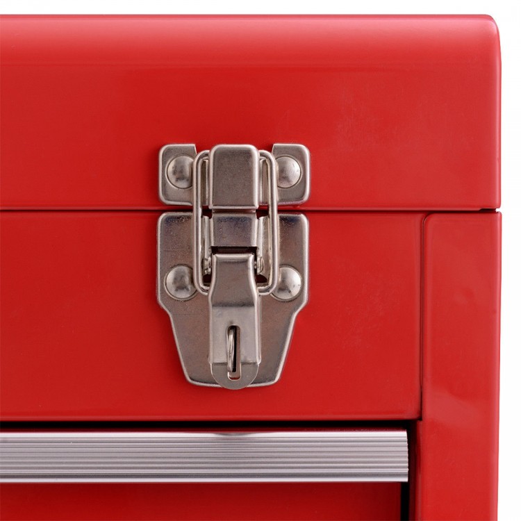 Close-up of the red portable garage mechanic tool cabinet box with a secure latch and three drawers for tool storage.