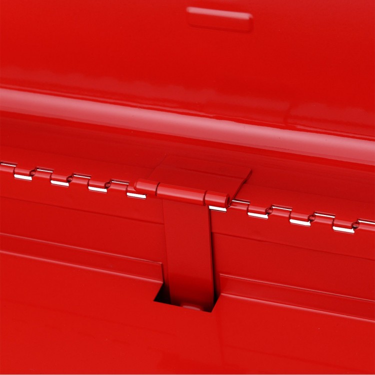 Close-up of the red portable garage mechanic tool cabinet box showing the hinge and drawer mechanism for easy access.