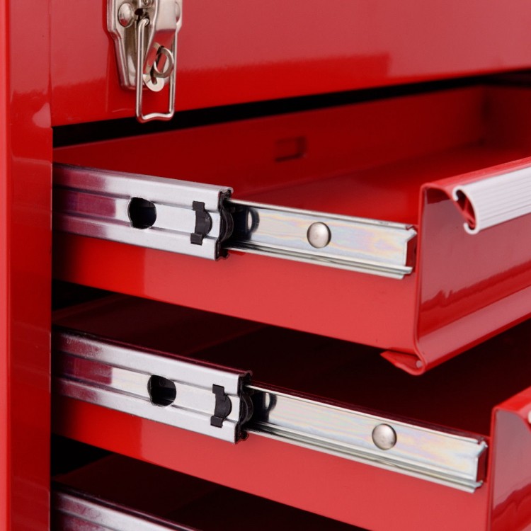 Close-up of the red Portable Garage Mechanic Tool Cabinet with three drawers and smooth metal slides for easy access.