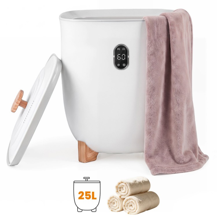 Towel warmer bucket with a 25L capacity, PTC heater, and dual fragrance trays for warm, dry towels and luxury scents.