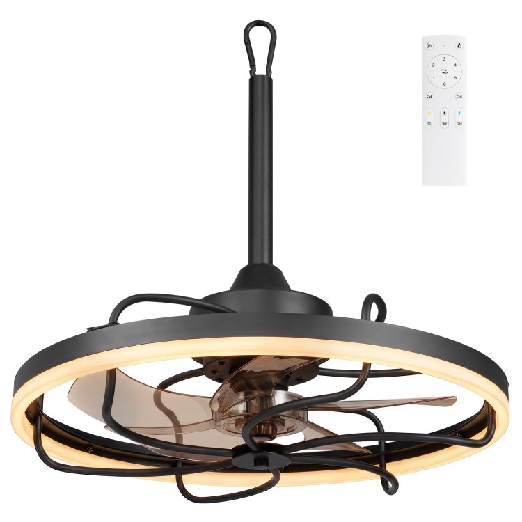 20” black ceiling fan with dimmable LED light, 6 speeds, remote control, and reversible design for year-round comfort.