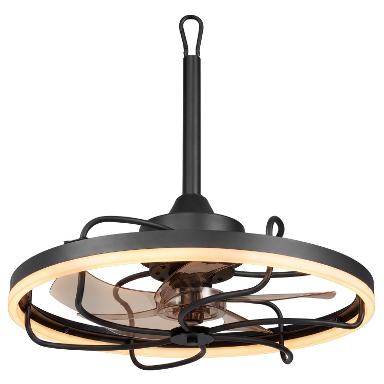 20” black ceiling fan with dimmable LED light, 6 speeds, and remote control for versatile airflow and comfort.