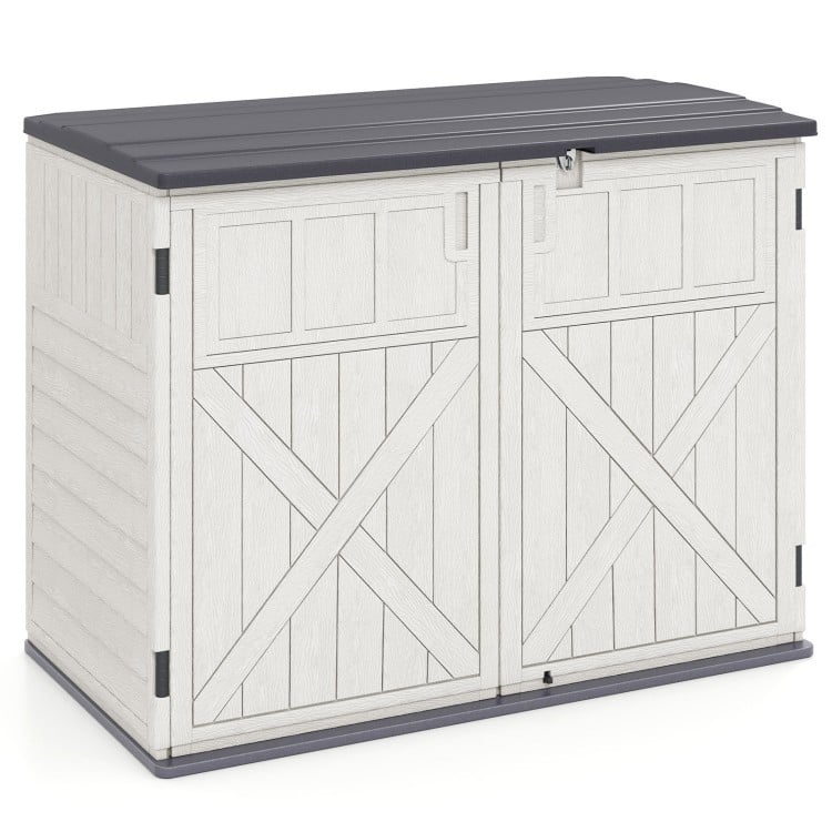 Horizontal resin storage shed in white with adjustable shelf, padlock latch, and sturdy design for outdoor tool storage.