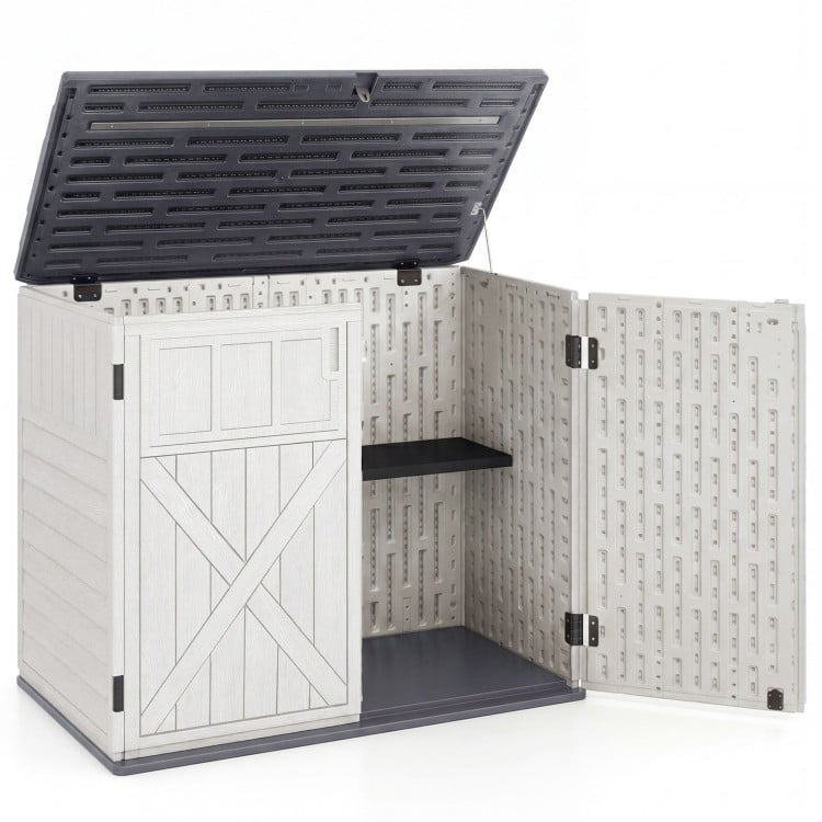 Horizontal resin storage shed with adjustable shelf, 20 cu.ft capacity, designed for outdoor tool organization.
