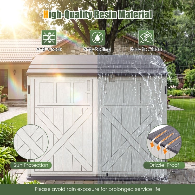 Horizontal resin storage shed in white, featuring anti-crack and drizzle-proof material, ideal for garden tools.