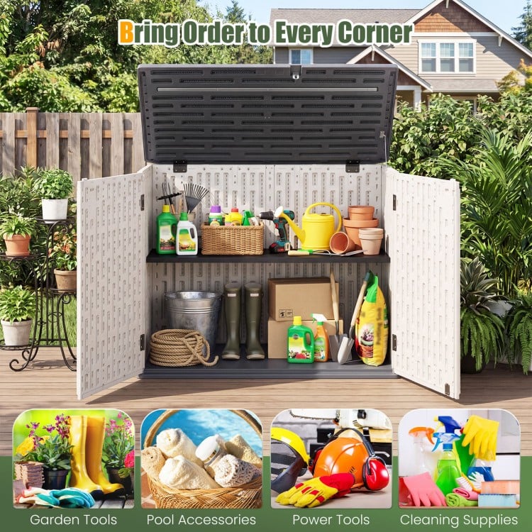 Horizontal resin storage shed with adjustable shelf, ideal for organizing garden tools and pool accessories outdoors.