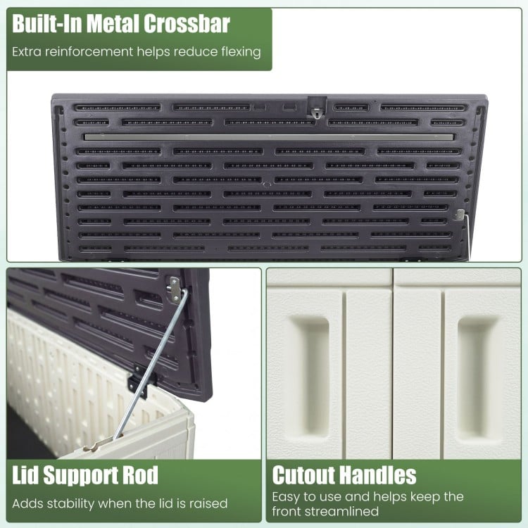 Close-up of the lid support rod and cutout handles on the 20 cu.ft horizontal resin storage shed for easy access.
