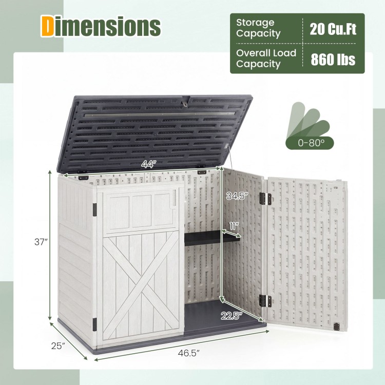 Horizontal resin storage shed with adjustable shelf, 20 cu.ft capacity, white, ideal for garden tools and accessories.