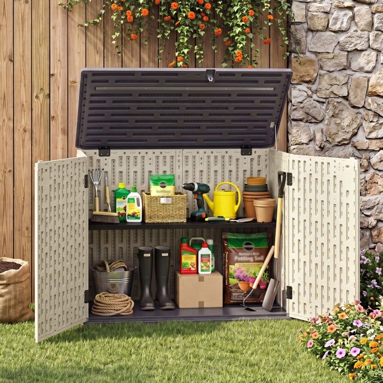 Horizontal resin storage shed with adjustable shelf, ideal for organizing garden tools and pool accessories in beige.