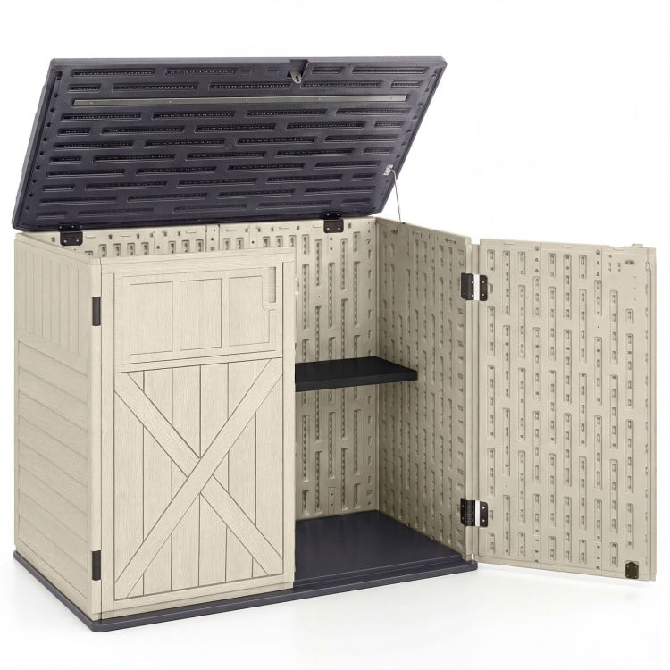 Horizontal resin storage shed in beige with a 20 cu.ft capacity and adjustable shelf for organizing garden tools.
