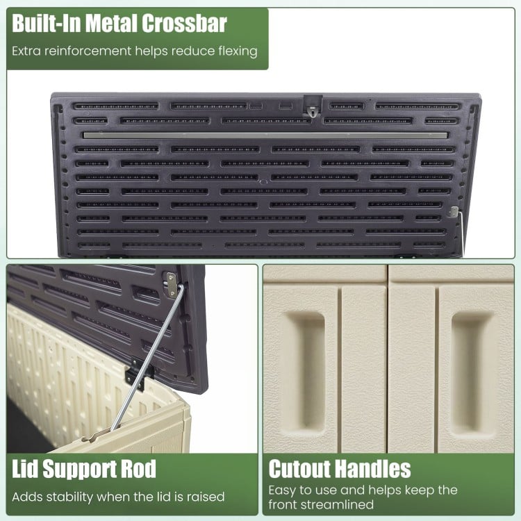 Detail of the 20 cu.ft horizontal resin storage shed showing the lid support rod and built-in metal crossbar for stability.