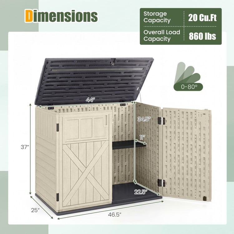 20 Cu.Ft horizontal resin storage shed in beige features an adjustable shelf and a padlock latch for secure storage.