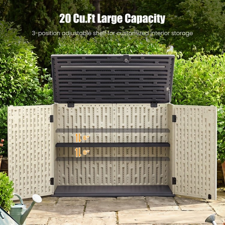 20 cu.ft beige horizontal resin storage shed with adjustable shelf, ideal for organizing garden tools and pool accessories.