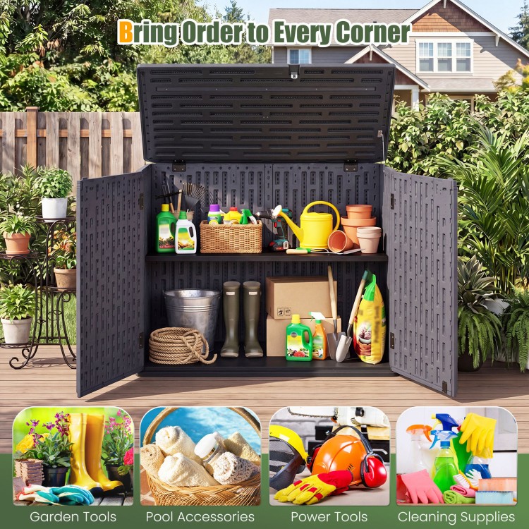 Horizontal resin storage shed with adjustable shelf, ideal for organizing garden tools and pool accessories outdoors.